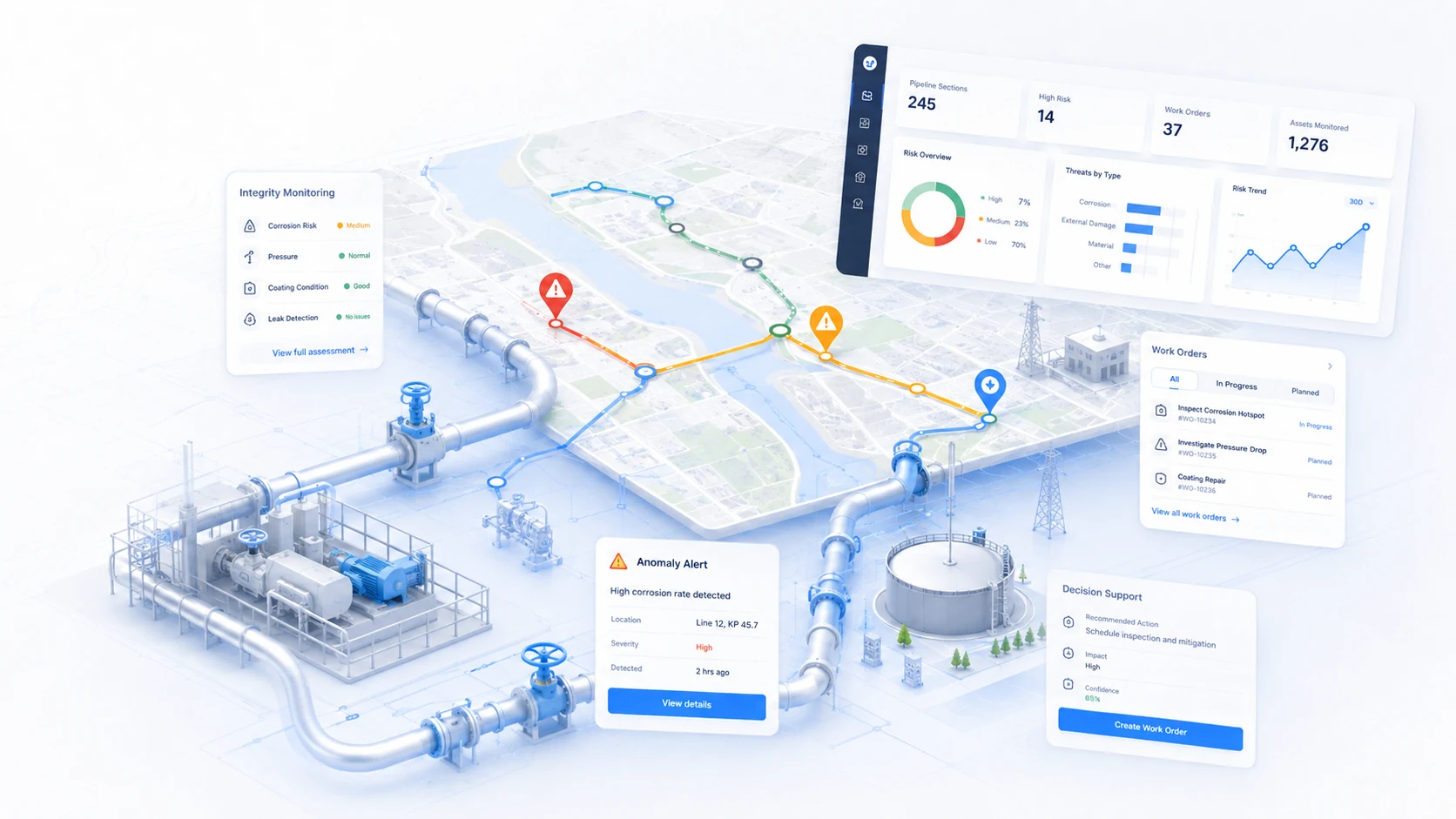 Pipeline integrity and operational support system with GIS network monitoring, risk alerts and work orders