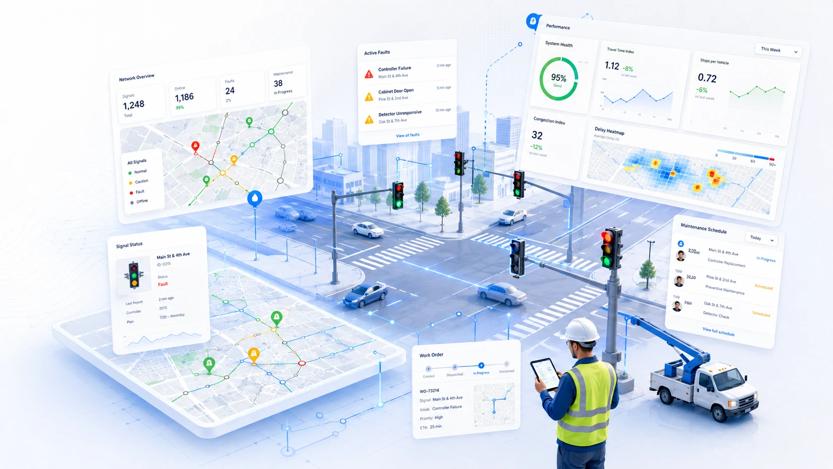 Traffic signal maintenance system with GIS signal status, faults, work orders and network performance dashboards